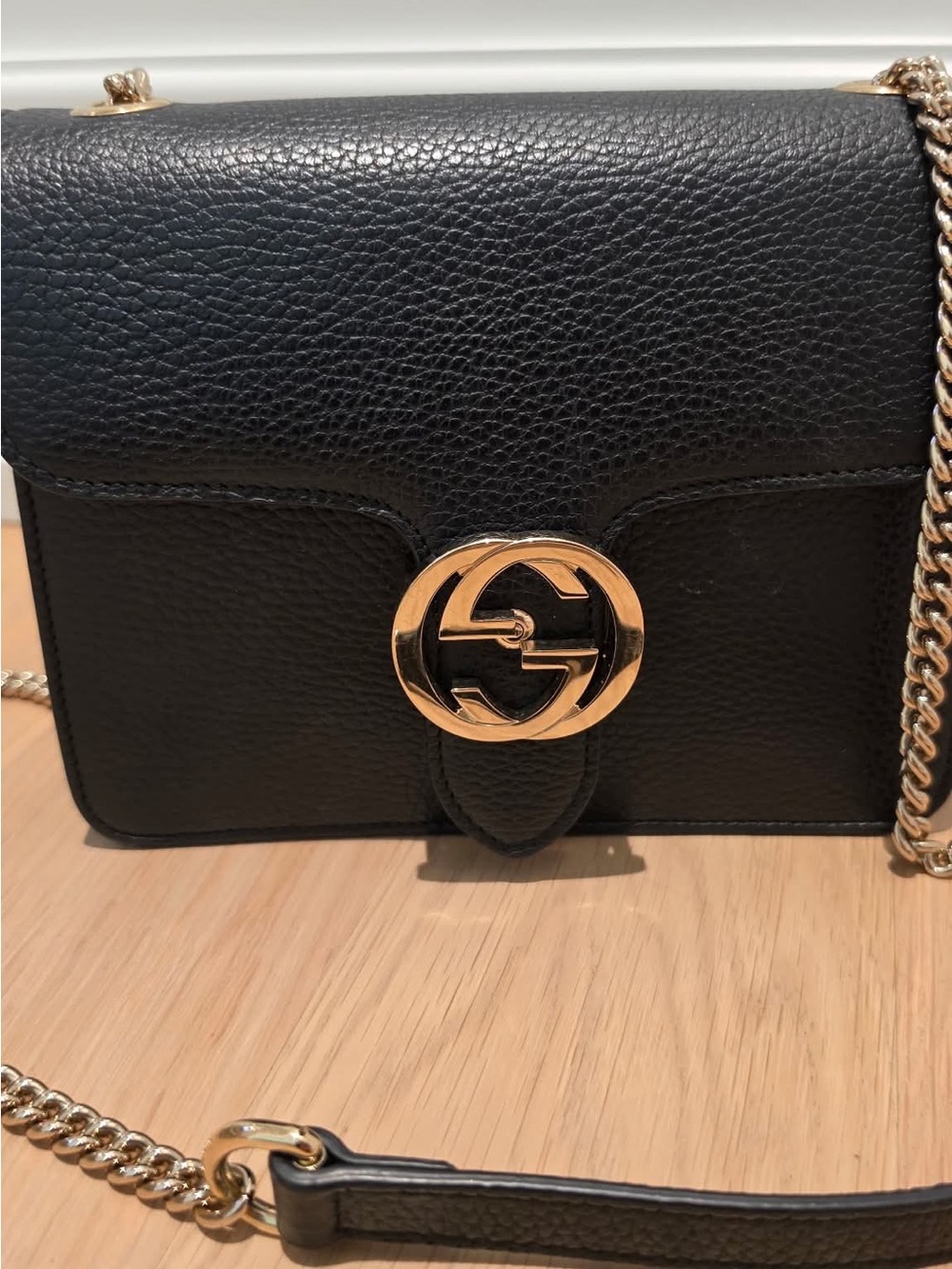 Gucci Black Leather Crossbody with Gold Double G Chain